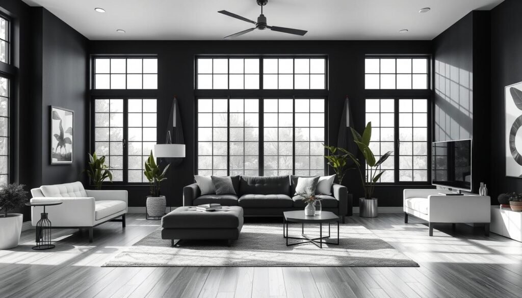 black and white lounge room