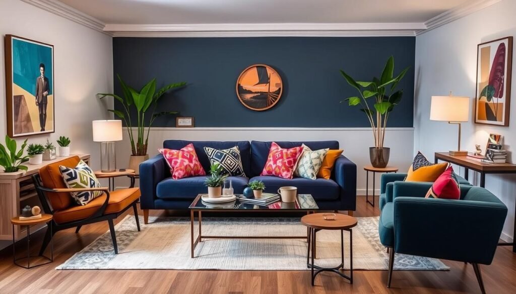 decorating around a navy blue sofa