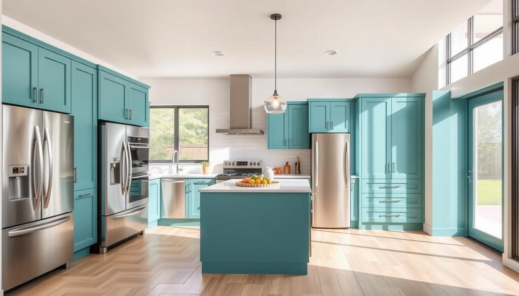 teal cabinets