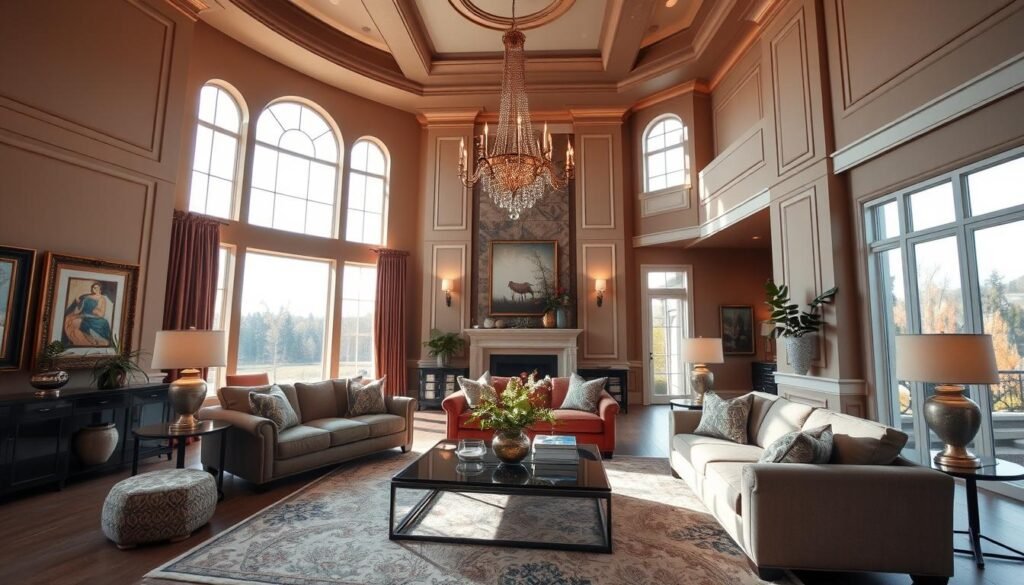 living room with high ceiling